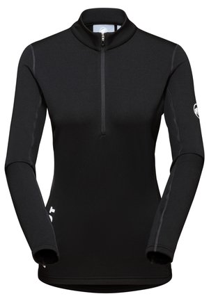 Black long-sleeve top with a quarter-zip collar. Features flatlock seams and a fitted design. Includes a logo on the left sleeve.