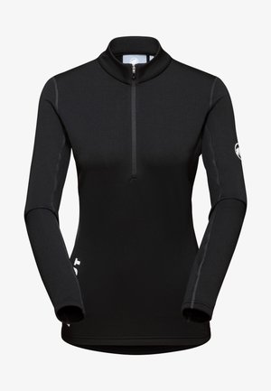 Svart långärmad topp med en kvart dragkedja vid kragen. Har platta sömmar och en åtsittande design. Inkluderar en logotyp på vänster ärm.