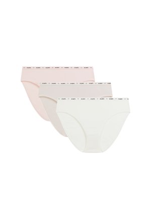 Trzy damskie figi w kolorze białym, jasnobeżowym i delikatnym różowym, każda z nadrukowanym paskiem „ATLANTIC” i motywami serc.