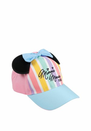 Mütze mit pastellfarbenen Regenbogenstreifen, schwarzen Minnie-Maus-Ohren, blauer Schleife und hellblauem Schirm, mit dem Schriftzug "Minnie Mouse" und kleinen Herzen.