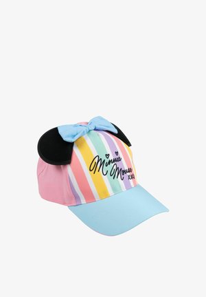 Cappellino con strisce arcobaleno pastello, orecchie nere di Minnie Mouse, fiocco blu e visiera azzurro chiaro, con la scritta "Minnie Mouse" e piccoli cuori.