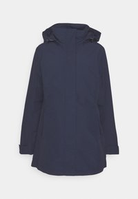 Veste de pluie bleu marine à capuche, manches longues, fermeture éclair avant recouverte par un rabat, et deux poches latérales.