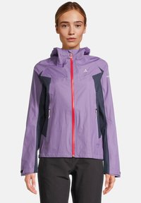 Light purple waterproof jacket with a zippered front, red zipper, black side panels, and a hood. Features two side pockets and textured fabric.