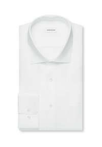 Chemise blanche pliée avec col ouvert, devant boutonné et poignets à double bouton, étiquetée avec la marque "seidensticker."