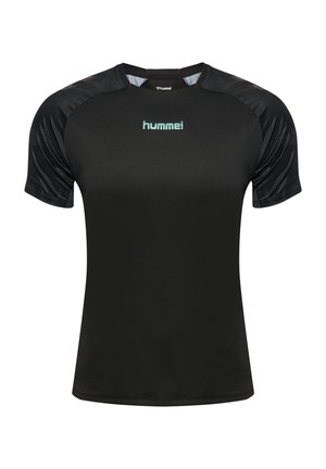 T-shirt de sport noir à manches courtes avec épaules texturées et logo "hummel" bleu clair centré sur la poitrine.