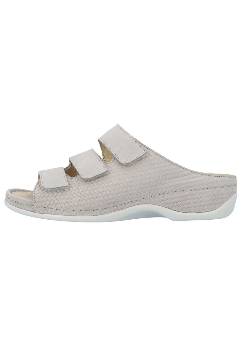 Light gray slip-on shoe with three adjustable Velcro straps. Textured woven material and open toe design. White rubber sole.