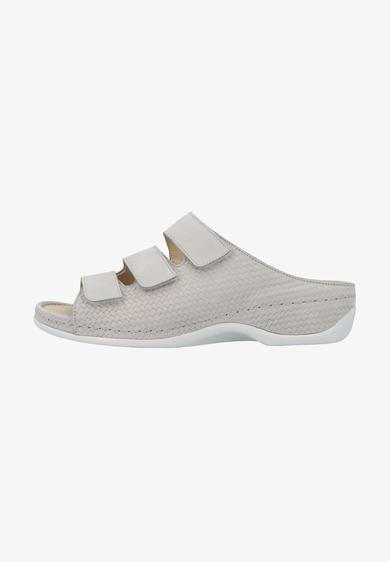 Light gray slip-on shoe with three adjustable Velcro straps. Textured woven material and open toe design. White rubber sole.