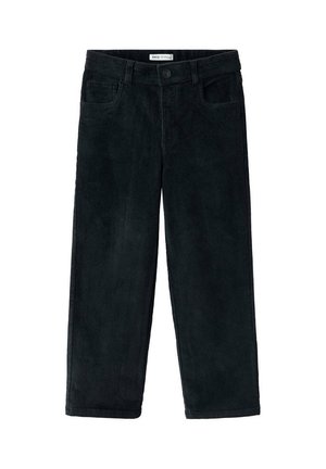 Pantalon en velours côtelé noir avec poches avant, passants pour ceinture, fermeture par bouton et jambes droites.
