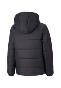 Giacca a vento nera con cappuccio, caratterizzata da una texture trapuntata, polsini elasticizzati e un taglio dritto, progettata per calore e comfort.