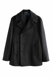 Dark gray double-breasted wool peacoat with wide lapels and two vertical front pockets, displayed against a white background.