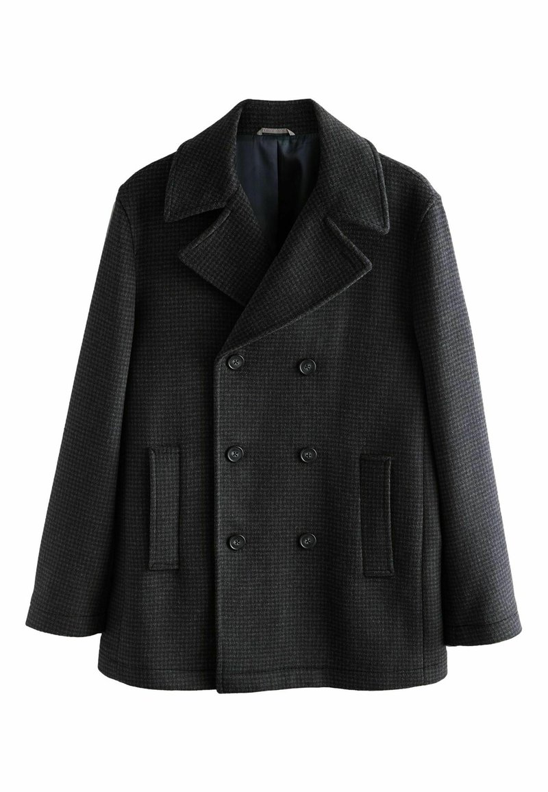 Dark gray double-breasted wool peacoat with wide lapels and two vertical front pockets, displayed against a white background.