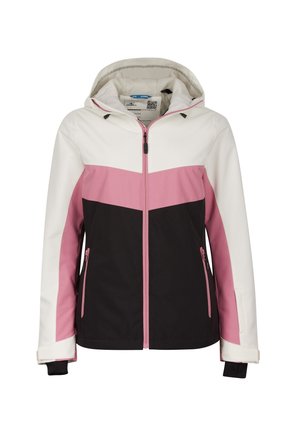 Veste à capuche avec blocs de couleurs blanc, rose et noir, fermeture éclair à l'avant, poches latérales zippées et sangles réglables au poignet.