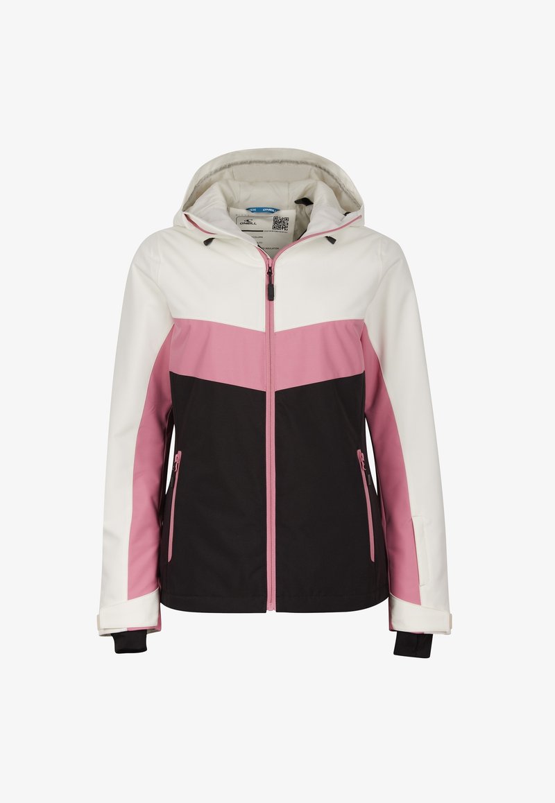 Veste à capuche avec blocs de couleurs blanc, rose et noir, fermeture éclair à l'avant, poches latérales zippées et sangles réglables au poignet.