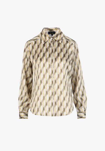 Overhemd met knopen in licht- en donkergroen en crème, met een diamantpatroon, lange mouwen en een puntige kraag. Soepele stoftextuur.