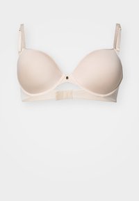 Beige gevoerde beha met verstelbare bandjes, licht gestructureerde stof en een detail van goudkleurig beslag op de middenvoor. Beveiligde sluiting aan de achterkant.