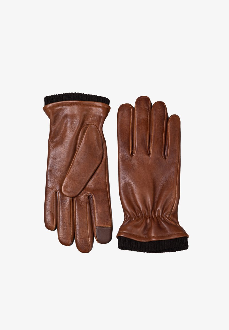 Brown leather gloves with a ribbed black knit cuff, featuring five fingers and a reinforced thumb area for durability. Smooth texture overall.