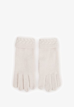 Dziane rękawiczki w jasnym beżu z teksturowanym, plecionym mankietem. Oferują pięciopalczasty design i miękki, elastyczny materiał.