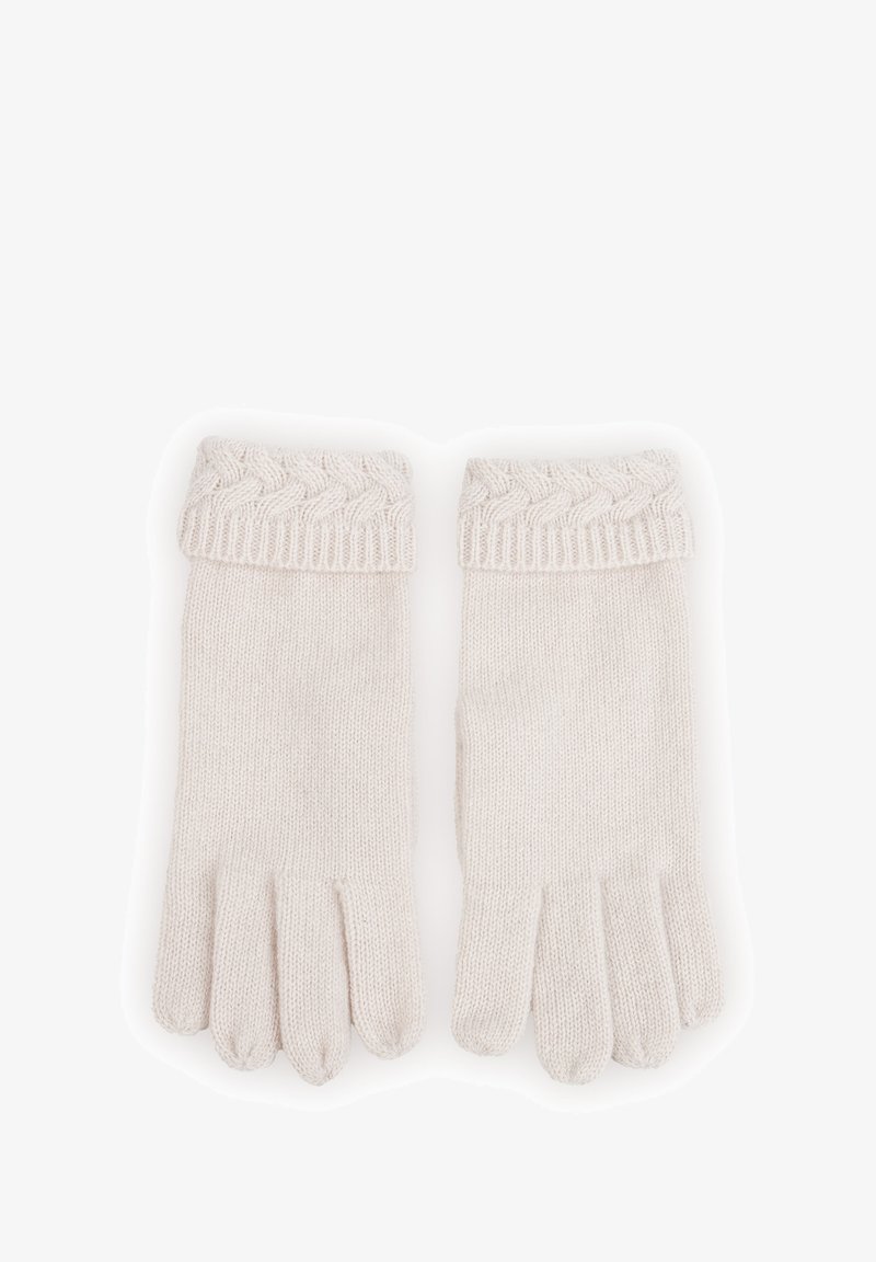 Dziane rękawiczki w jasnym beżu z teksturowanym, plecionym mankietem. Oferują pięciopalczasty design i miękki, elastyczny materiał.