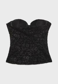 Corset noir bustier avec superposition de dentelle florale et bonnets structurés, conçu pour un maintien ajusté et un style décoratif.