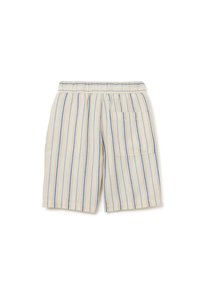 Shorts rayés en beige avec des lignes bleues, fabriqués en tissu doux. Présente une taille élastique et une poche latérale sur la gauche.