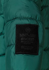 Doudoune verte avec un design matelassé. Présente une étiquette en tissu noir texturé avec des détails de marque blancs. Fini lisse et brillant.
