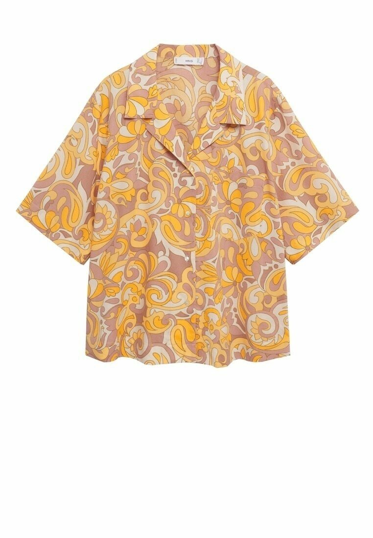 Chemise à manches courtes avec boutons, de couleur rose clair, ornée d'un motif tourbillonnant jaune et blanc. Confectionnée en tissu léger avec une coupe décontractée.