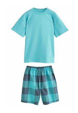 Turquoise katoenen T-shirt met korte mouwen, gecombineerd met bijpassende geruite shorts in verschillende tinten turkoois en grijs met een elastische tailleband.