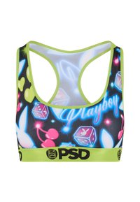 Sportbh met een kleurrijke grafische print met roze harten, blauwe dobbelstenen en Playboy-logo's op een zwarte achtergrond, afgezet met felgroen.