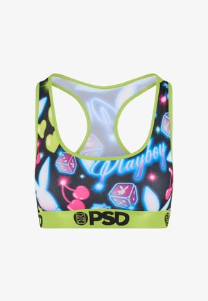 Sport BH med et farverigt grafisk print, der viser pink hjerter, blå terninger og Playboy-logoer på en sort baggrund, kantet med lys grøn.