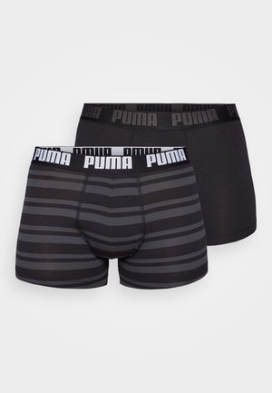 Boxer briefs neri con un design a righe in diverse sfumature di grigio, e una vita con marchio che presenta il logo in bianco su sfondo nero.