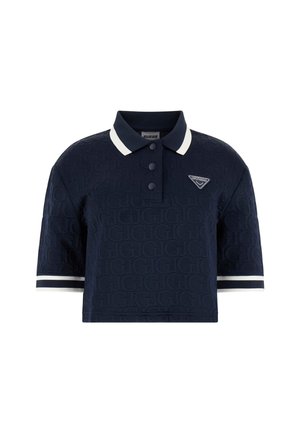 Polo bleu marine avec un motif texturé, manches courtes, accents blancs sur le col et les manches, arborant un logo de marque sur la poitrine.