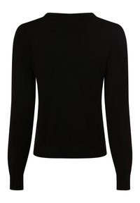 Zwarte, lange mouwen trui met een ronde hals. Glad textuur en aansluitend ontwerp. Geen zichtbare patronen of versieringen.