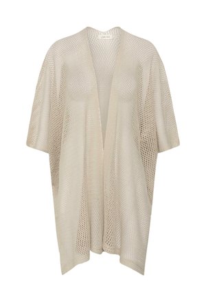 Roomkleurige, openvallende cardigan van meshgebreid materiaal met korte, brede mouwen en een losse pasvorm, ontworpen om te combineren in lagen.