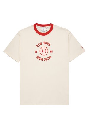 Cream cotton t-shirt featuring a red ribbed collar, central red graphic with "NEW YORK WORLDWIDE," and a basketball motif, short sleeves.