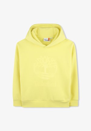 Hoodie jaune en tissu doux, avec un logo en relief sur le devant représentant un arbre et une capuche avec cordon de serrage. Manches et ourlet côtelés.