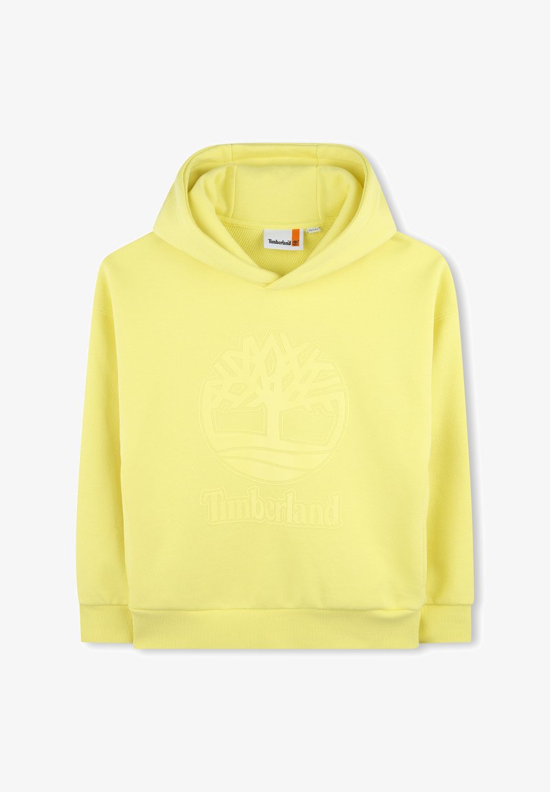 Sudadera amarilla de tejido suave, con un logo en relieve en la parte frontal que presenta un diseño de árbol y una capucha con cordón. Puños y dobladillo acanalados.