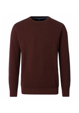 Herrenlangarm-Pullover mit Rundhalsausschnitt aus strukturiertem dunkelbraunem Strickstoff, gestaltet mit gerippten Bündchen und Saum.