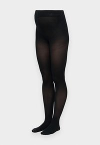 Διαφανές μαύρο καλσόν εγκυμοσύνης με ελαστικό ύφασμα σχεδιασμένο να εφαρμόζει στην κοιλιά της εγκύου, εμφανιζόμενο σε απλό φόντο.