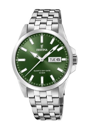 Orologio da polso in metallo argento con quadrante verde, indici e lancette bianchi, display giorno/data che mostra martedì 6.