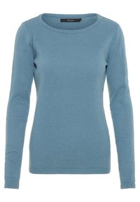Pull bleu texturé à manches longues, col rond et poignets côtelés. Présente un motif géométrique subtil sur l'ensemble du tissu.