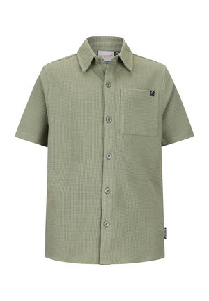 Kurzärmeliges, hellolivgrünes, strukturiertes Hemd mit Knopfleiste, Brusttasche und klassischem Kragen vor weißem Hintergrund.