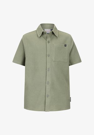 Kurzärmeliges, hellolivgrünes, strukturiertes Hemd mit Knopfleiste, Brusttasche und klassischem Kragen vor weißem Hintergrund.