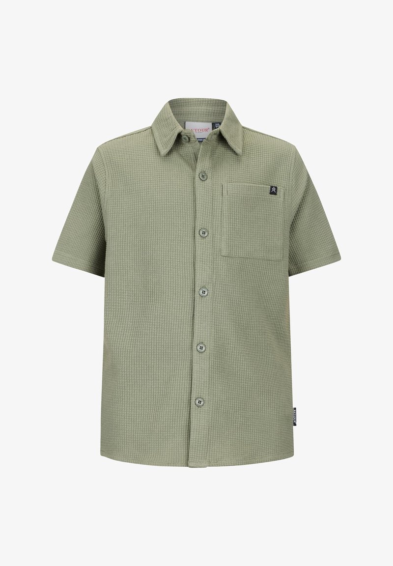 Kortärmelig overhemd in licht olijfgroen met structuur, knoopsluiting, borstzak en klassieke kraag op een witte achtergrond.