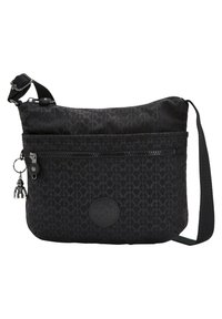 Sort syntetisk crossbody taske med geometrisk mønster, lynlåslomme foran, logo patch, justerbar rem og dekorativ nøglekæde.