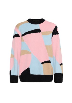 Farverig strikket sweater med et moderne geometrisk mønster i pink, lyseblå, beige og sort. Rund halsudskæring, ribbestrikkede manchetter og nederste kant.