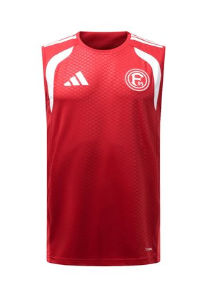Rød ærmeløs sportstrøje med hvid Adidas-logo og Fortuna Düsseldorf klubemblem på brystet, med hvide skulderstriber.