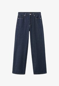 Vaqueros de mezclilla azul oscuro de pierna ancha con cinco bolsillos, cierre de botones y trabillas para cinturón, presentados planos sobre un fondo blanco.