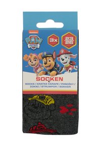 Calcetines negros con coloridos personajes de dibujos animados, incluyendo un perro con un sombrero, y huellas de patas rojas. Paquete de tres.