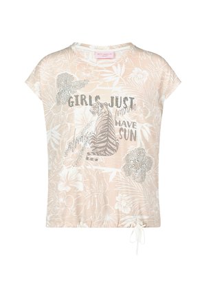 Beige blomsterprint top med korte ærmer og snørre i bunden, tigerillustration og tekst med rhinsten: "Girls just wanna have sun".