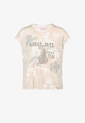 Beige blomsterprint top med korte ærmer og snørre i bunden, tigerillustration og tekst med rhinsten: "Girls just wanna have sun".